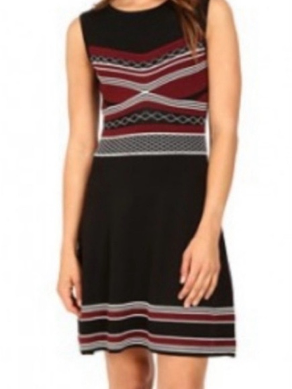 Shoshanna Black Dress with Burgundy & Cream Geometric Patterned Bodice - S